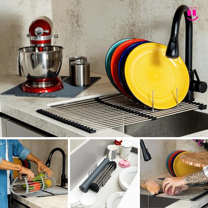 3-in-1 Over Sink Dish Drying Rack – Roll-Up Sink Rack, Silicone Mat & Folding Dish Rack – Multi-Functional, Space-Saving Kitchen Organizer (Grey)