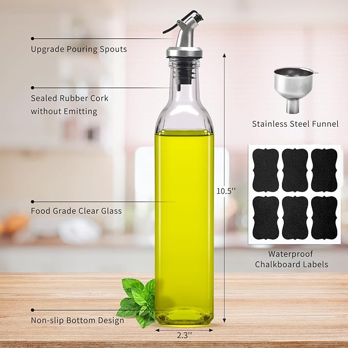 BAKHUK 4 Pack 17oz Olive Oil Dispenser Bottles, 500ml Clear Glass Vinegar Cruet with Pourers and Funnel for Kitchen
