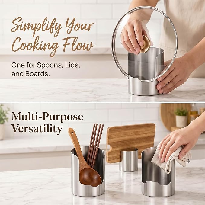 Multi-functional Kitchen Utensil Holder, Heavy Duty Stainless Steel Countertop Organizer for Pot Lids, Spatulas, Ladles and Cutting Boards, Vertical Spoon Rest Rack with Lid Storage (2Pcs)