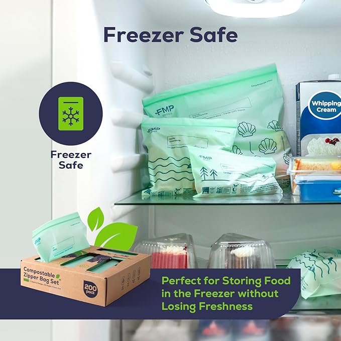 Fit Meal Prep 100% Compostable Food Storage Bags Set, Resealable Bags Plant-Based Freezer Bag for Food, ASTM D6400, US BPI & EU OK Compost Certified