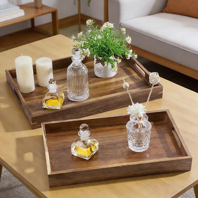 2 Pack Acacia Wood Serving Trays with Handles Rectangular Large Wooden Tray for Ottoman Coffee Table Decorative Trays for Living Room Bedroom Entryway Kitchen Home Decor