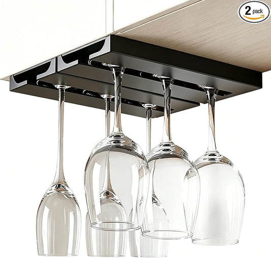 2Pcs Wine Glass Holder，Stemware Rack Plastic Punch-free Hanging Under Cabinet for Bar,Kitchen and Restaurant (black)