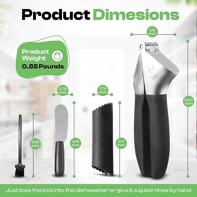 4-in-1 Garlic Press Set - Stainless Steel Garlic Press, Garlic Press, Chopper, Grinder, Grater, Mincer with Peeler, Silicone Tube Roller, Brush and Knife - The Essential Garlic Mincing Kit