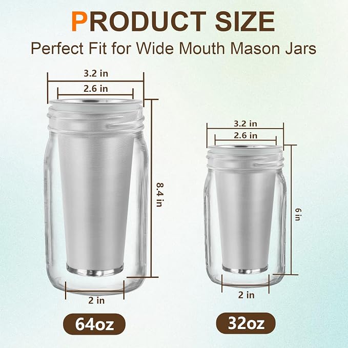 2 PCS Cold Brew Coffee Filter, 304 Stainless Steel Food Grade, Coffee Maker, Tea Maker,Water Filter, Ultra Fine Mesh, Wide Mouth Mason Jar 32oz