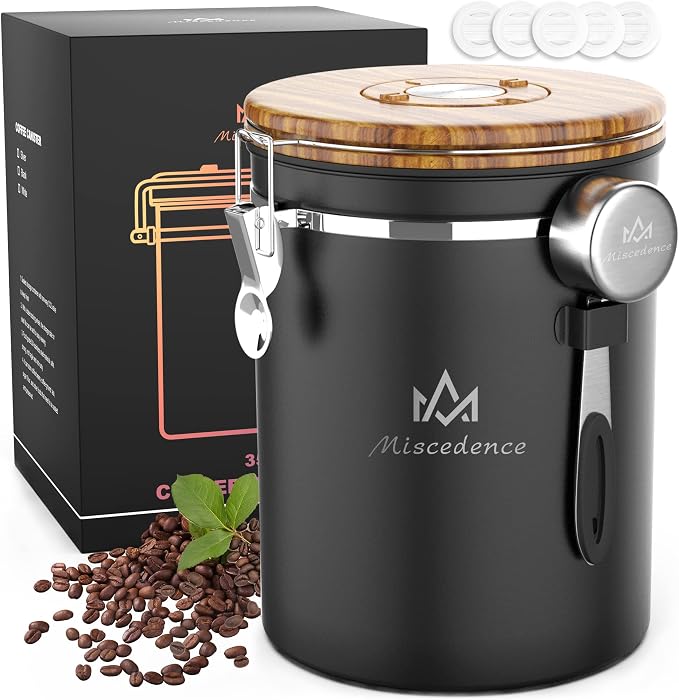 38OZ Coffee Canister for ground coffee with Date Tracker,Wood grain lid 304 Stainless Steel Kitchen Food Airtight storage container for Coffee Beans or Grounds, Tea, Sugar