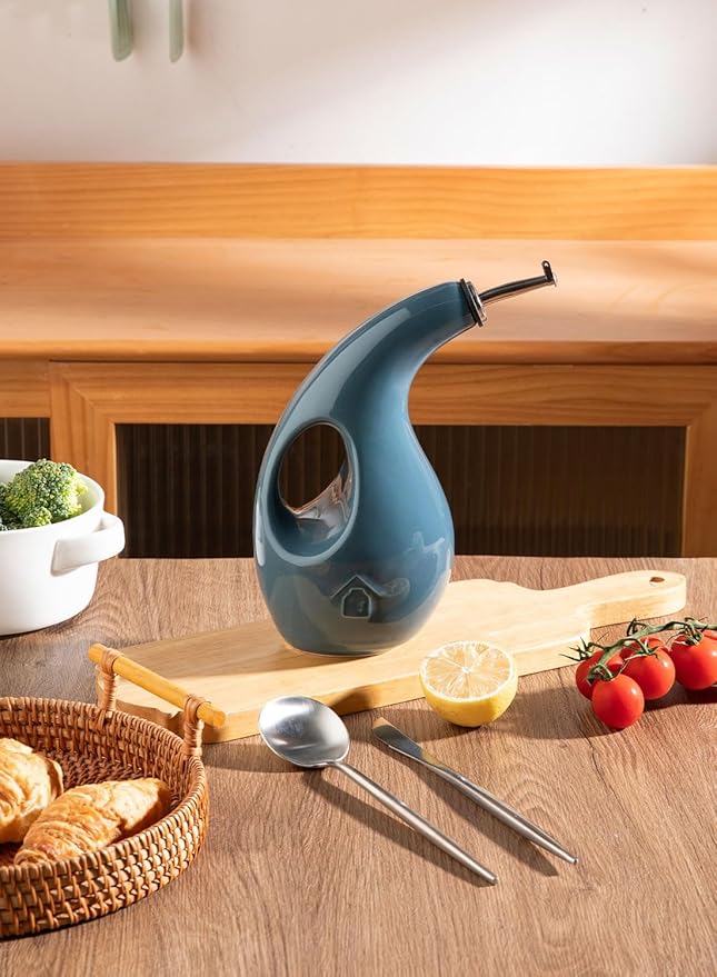 Sweejar Ceramic Olive Oil Dispenser Bottle, 24 Oz Opaque Cruet Protects EVOO Oil to Reduce Oxidation, Suitable for Storage Vinegar, Coffee Syrups, Liquids (Fog blue)