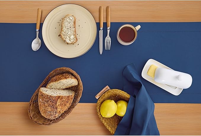 Solino Home Cotton Linen Table Runner 36 Inches - Lapis Blue Hemstitch Table Runner 14 x 36 Inch Ideal for Dresser and Coffee Tables