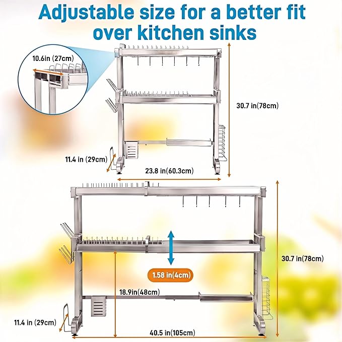 Over The Sink Dish Drying Rack,Large Capacity 23.8"-39.3",Over The Sink Dish Srying Rack Expandable Drainer & Storage Organizer for Kitchen Counter Full Stainless Steel