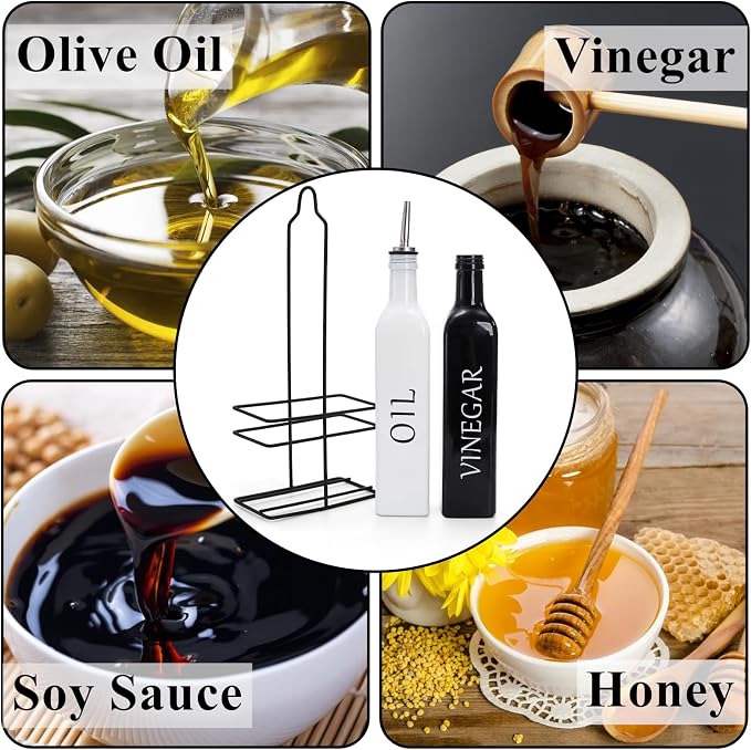 Tebery 2 Pack Oil and Vinegar Dispenser Set with Caddy Holder, 17oz Black & White Olive Oil Dispenser Bottle, Cute Modern Vintage Glass Cruet for Kitchen