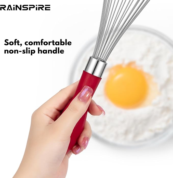 Rainspire 12-Inch Wire Whisk Stainless Steel, Balloon Whisks for Cooking, Wisk Wisking Tool With Soft Silicone Handle, Thick Durable Whisker for Blending, Beating, Whisking, Stirring, Red