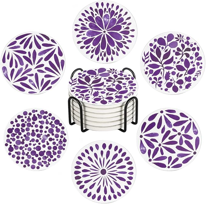 Drink Absorbent Coasters with Holder Set of 6, Ceramic Stone with Cork Base, Modern Purple Abstract Geometric Coaster for Drinks, Gift for Housewarming Room Bar Home Decor Kitchen
