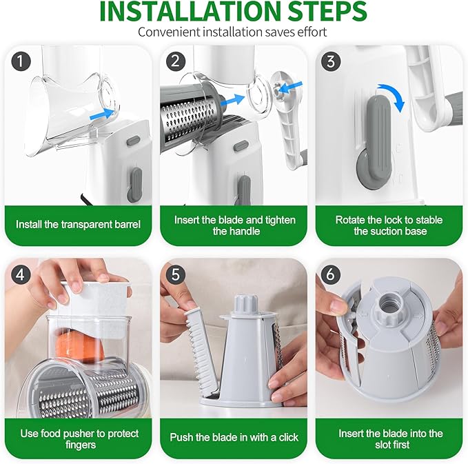 Ourokhome Rotary Cheese Grater Cheese Shredder with 5 Interchangeable Blades, Rotary Grater with Non-slip Suction Base Hand Crank Slicer for Vegetable Nuts White