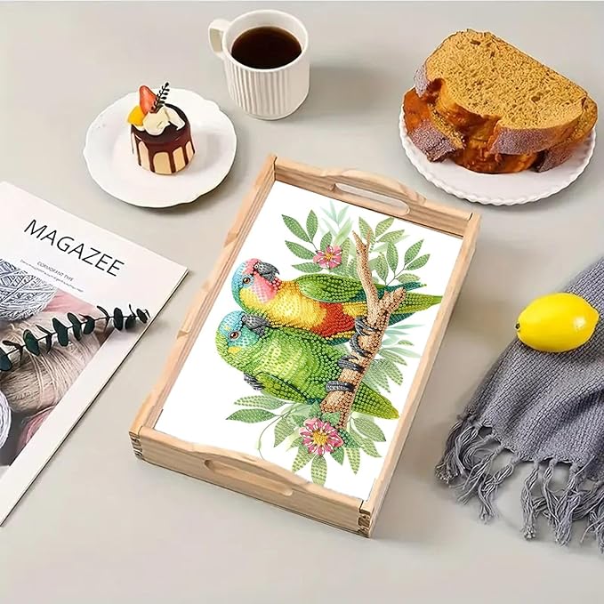 BAYUNOE DIY Diamond Serving Tray Rectangular Wooden Breakfast Tray with Handle Handmade Diamond Art Painting Spring Creative Dinner Plate Coffee Room Living Home Organizer-Parrot