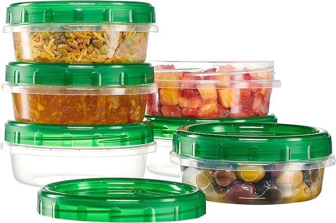 PLASTICPRO 12 Pack Twist Cap Food Storage Containers with Green Screw on Lid- 8 oz Reusable Meal Prep Containers - Freezer and Microwave Safe Green Plastic Food Storage