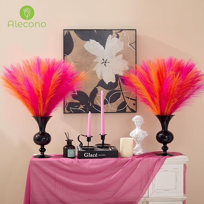 Alecono Pampas Grass 17in 𝟯𝟬𝙋𝙘𝙨, Orange and Hot Pink Artificial Faux Fluffy Pampas Grass Decor for Home Wedding Centerpieces Party