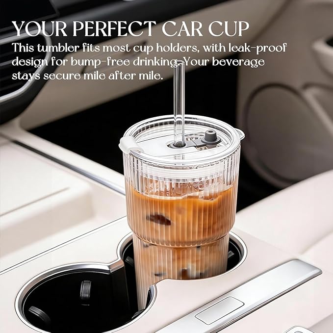 KEMORELA 4-Pack 20 oz Ribbed Glass Tumblers with Lids and Glass Straws – Vintage Iced Coffee Cups, Reusable Smoothie & Cocktail Drinking Glasses, Clear Glassware for Home or Cafe