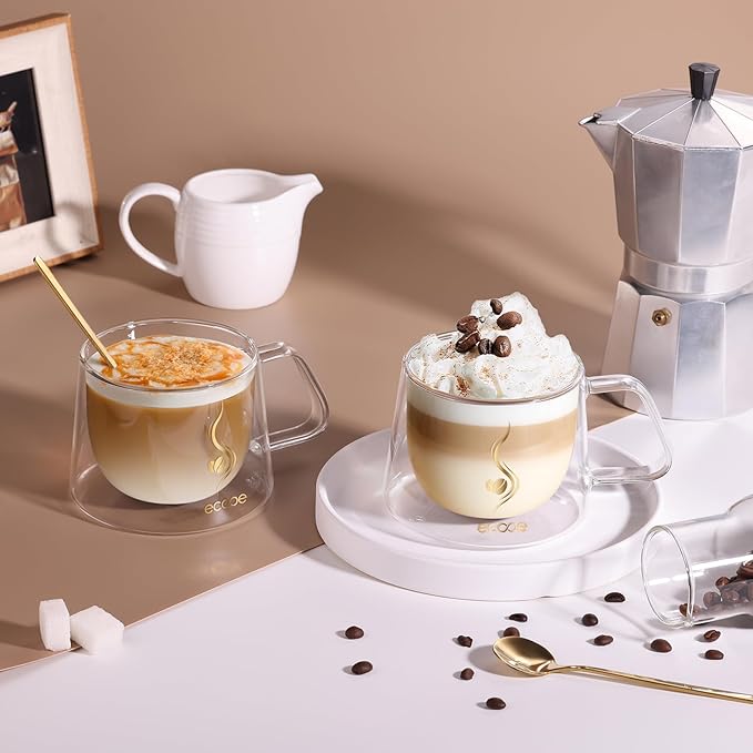 ecooe Double Walled Glass Coffee Mug 12oz Cappuccino Latte Macchiato Cups Set of 2 Clear Glass Coffee Cups with Handle, 350 ml (full capacity) Double Wall Glass Cup for Tea Milk Juice, Birthday Gifts