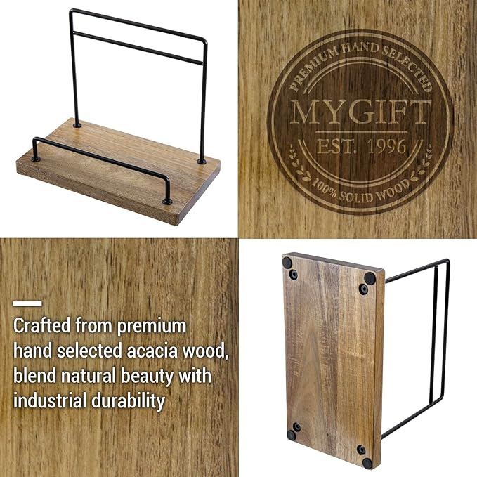 MyGift Premium Acacia Wood and Matte Black Metal Cookbook Stand – Rustic Kitchen Countertop Book Holder Rack for Recipes, Tablets, Cutting Boards