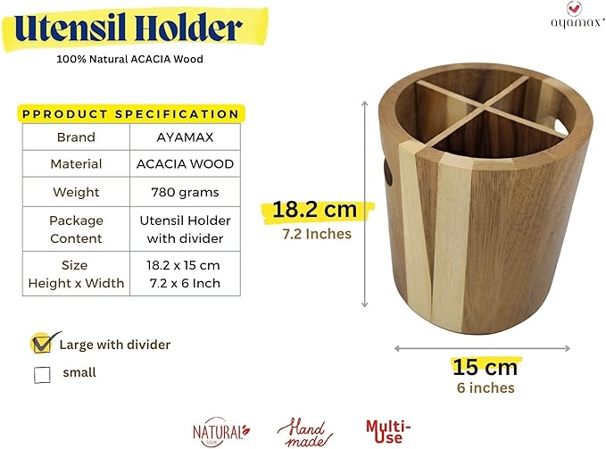 Acacia Wood Utensil Holder for Kitchen Counter, Large 360° Rotating Wooden Utensil Crock Organizer with Divider, Farmhouse Cooking Utensil Holder for Countertop