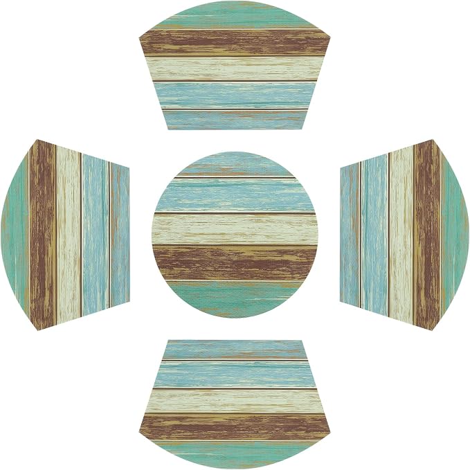 SHACOS Small Round Table Placemats Set of 5 Woven Vinyl Wedge Placemats with Centerpiece Round Table Mats Wipe Clean, Teal Brown Stripe Wood Board