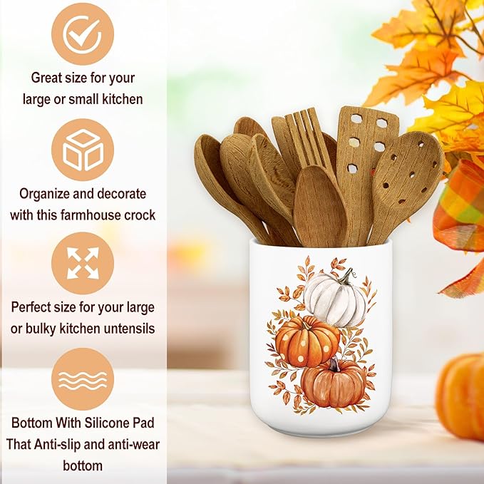 JarThenaAMCS Fall Ceramic Utensil Holder Watercolor Pumpkin Leaves Utensil Crock for Autumn Harvest Thanksgiving Home Kitchen Countertop Storage Organizer Container
