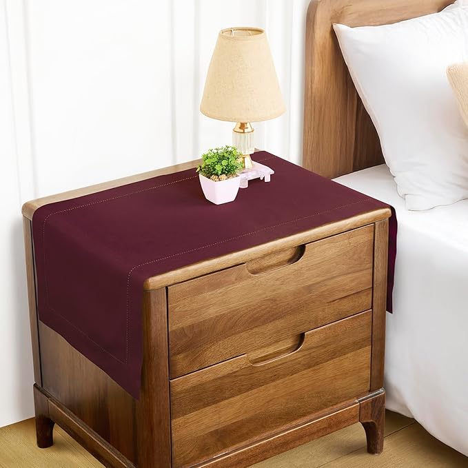 Solino Home Wine Hemstitch Table Runner 60 Inches - Cotton Linen Small Table Runner 14 x 60 Inch Ideal for Dresser and Coffee Tables