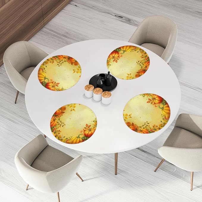 Round Placemats Set of 4, Autumn Pumpkin Maple Leaves Woven Placemats Mats Non-Slip Heat Resistant Washable Table Mats Round Braided Place for Farmhouse Kitchen Dining Party Decor 15in