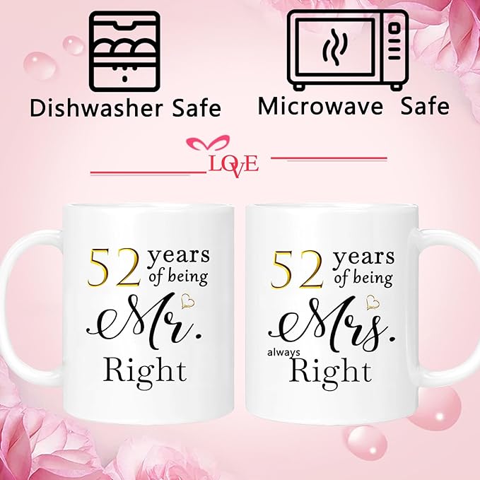 52th Anniversary Coffee Mugs Set of 2, 52 Year Anniversary Wedding Gifts Decorations for Couple Parents Grandparents Men Women Husband Wife Him Her, Gift Box Packaging, 11oz