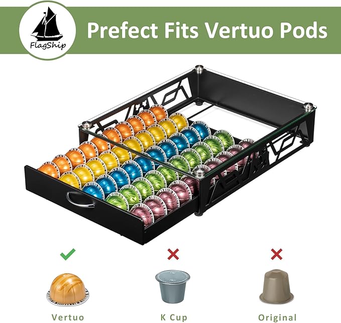 FlagShip Vertuo Pod Storage - Modern Glass Top Coffee Capsule Organizer & Space-Saving Pod Holder for Coffee Machines, Spacious 50 Vertuo Pods Capacity