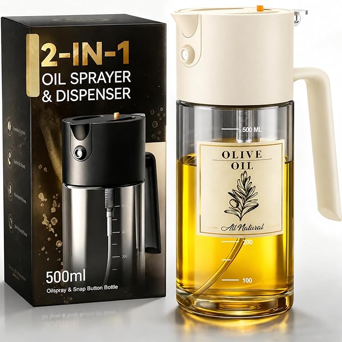 Costop Oil Sprayer for Cooking, 2025 Large Advanced Olive Oil Dispenser Bottle,500ml/17oz Glass Olive Oil Sprayer,2 in 1 Even Spray with Portion Control for Kitchen, Air Fryer, Salad, BBQ - White