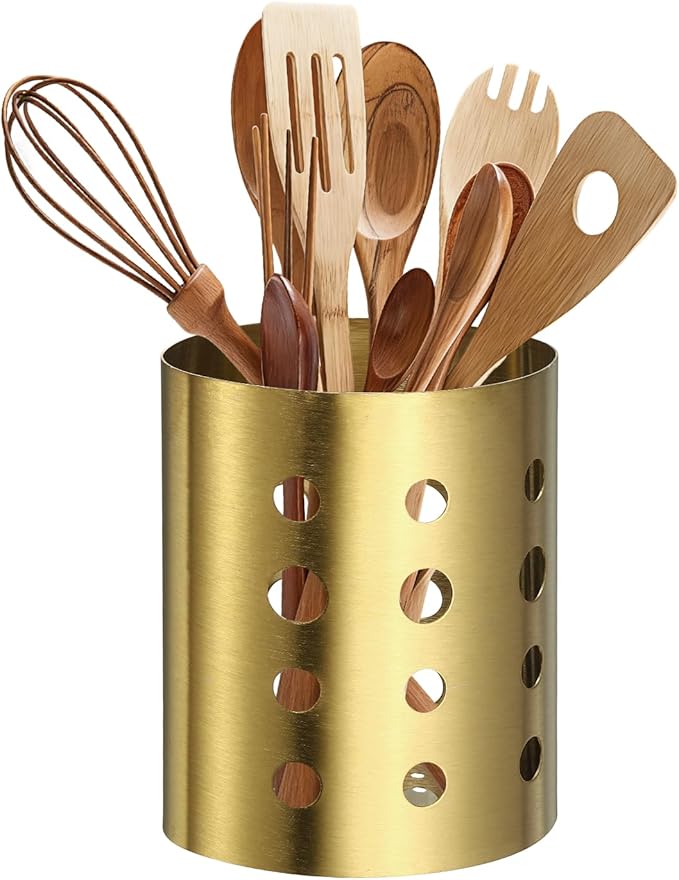 uxcell Kitchen Utensil Holder, 4.6x5.5 Stainless Steel Utensil Cutlery Holder Oval Flatware Organizer with Drain Hole for Kitchen Restaurant Countertop Straw, Spoon, Chopstick, Gold