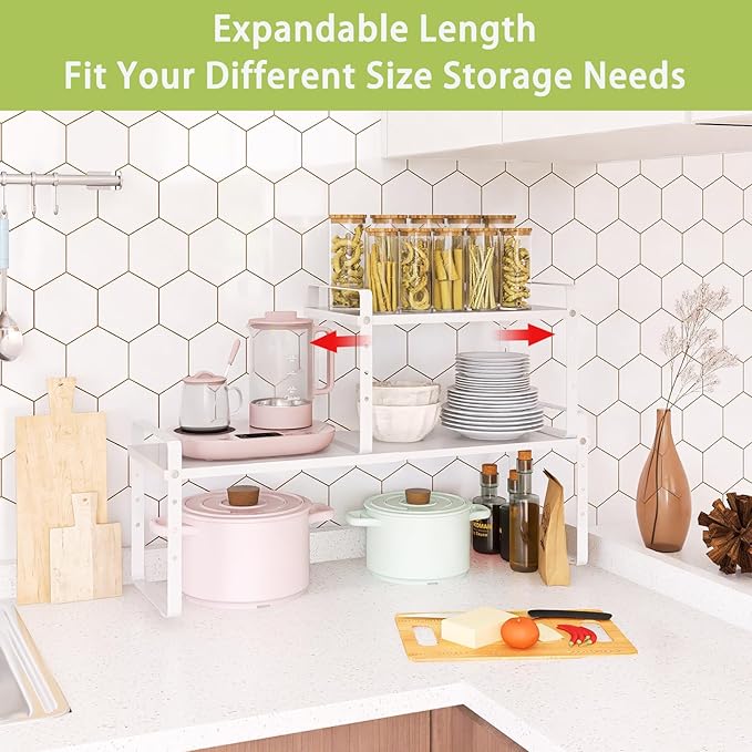 Across-Star Expandable Cabinet Shelf Organizer Rack, Stackable Kitchen Counter Storage Shelves Stand, Adjustable Height Pantry Shelf Spice Rack (White, 1 Pack)