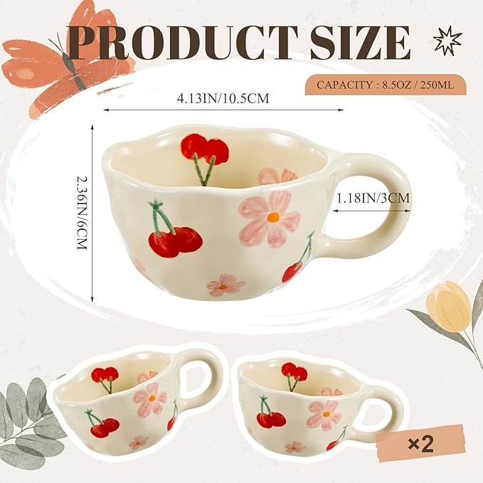 Vesici 2 Pcs Ceramic Coffee Mugs with Spoon, Vintage Floral Spring Mugs with Handle, 8.5 oz Aesthetic Flower Porcelain Tea Cup Set, Dishwasher & Microwave Safe Mothers Day Gifts for Mom(Cherry)