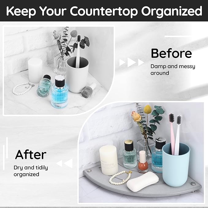 Segbeauty Corner Counter Shelf, 9.85in Water Absorbing Stone Drying Mat for Kitchen Counter, Instant Drying Stone Tray Dish Sponge Holder, Fast Drying Diatomaceous Bathroom Counter Corner Organizer