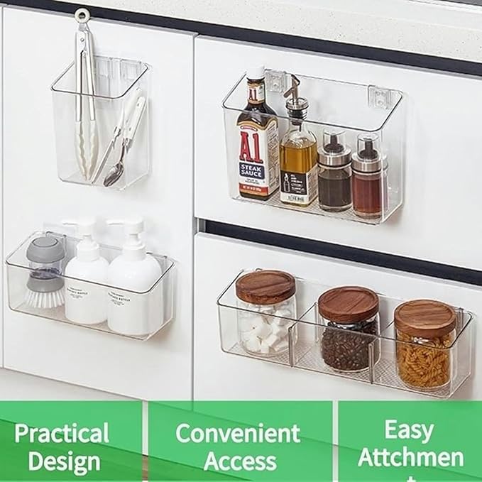 vacane 4 Pack Plastic Over Cabinet Door Organizer, Adhesive Mount Storage Organizer Container Makeup Organizer Hanging Basket Bins for Craft Room, Pantry, Office, Space Saving Holder for Kitchen Bags