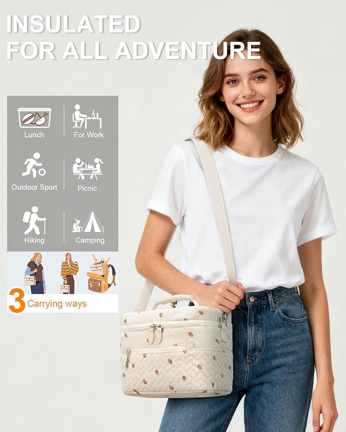 Capolo Lunch Box for Women Men Adults,Insulated Lunch Bag Leakproof Lunch Cooler Box with Removable Strap Cute Lunch Tote Bags Reusable Thermal Lunchbox for Work Picnic(Small,Strawberry)