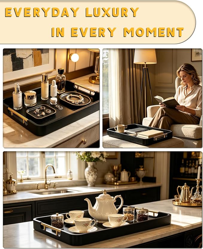 22" x 15.75" Black Wooden Serving Tray with Gold Metal Handles & Rounded Corners, Large Rectangular Wood Ottoman Tray for Living Room, Coffee Station