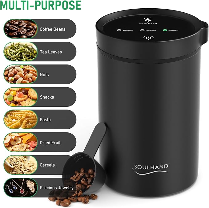 Vacuum Coffee Canister, 1.6L Stainless Steel Airtight Coffee Storage | Electric Auto Vacuum Seal Lid with Touch Screen, Airtight Design for Coffee Beans,Grounds,Food Preservation,Black