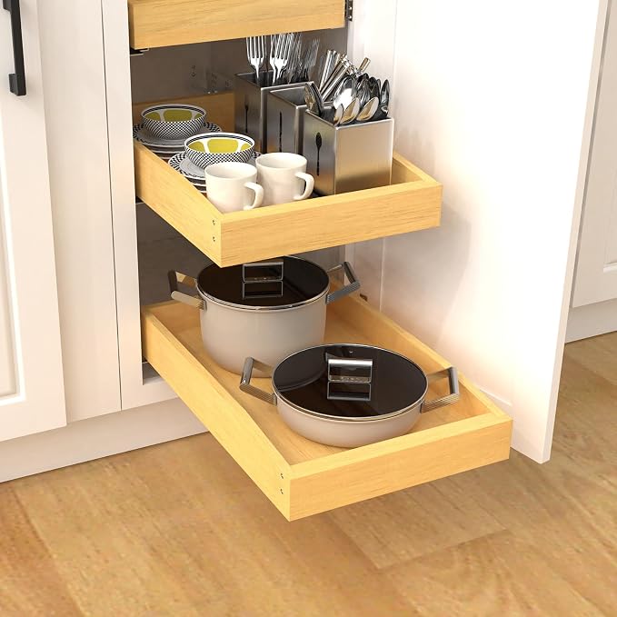 Wooden Pull out Cabinet Organizer 18" W x 21" D x 4.3" H, Heavy Duty Slide Out Drawers Pull-Out Home Organizers for Kitchen Cabinets