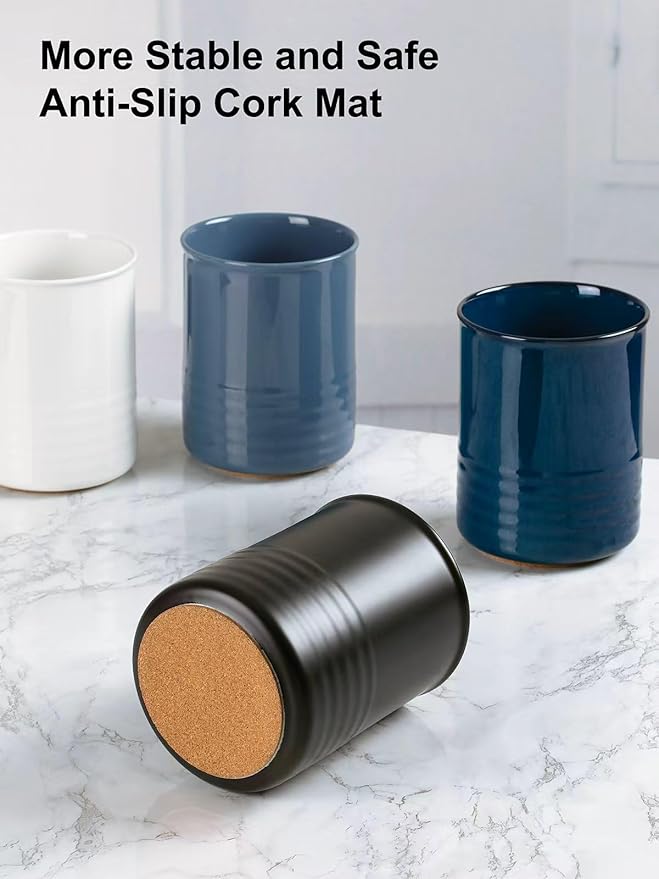 ABRUTY Utensil Holder, 6.7" Ceramic Kitchen Utensil Crock for Countertop Cooking, Modern Utensil Caddy Jar Organizer for Farmhouse Kitchen Counter Décor, Flambe Blue