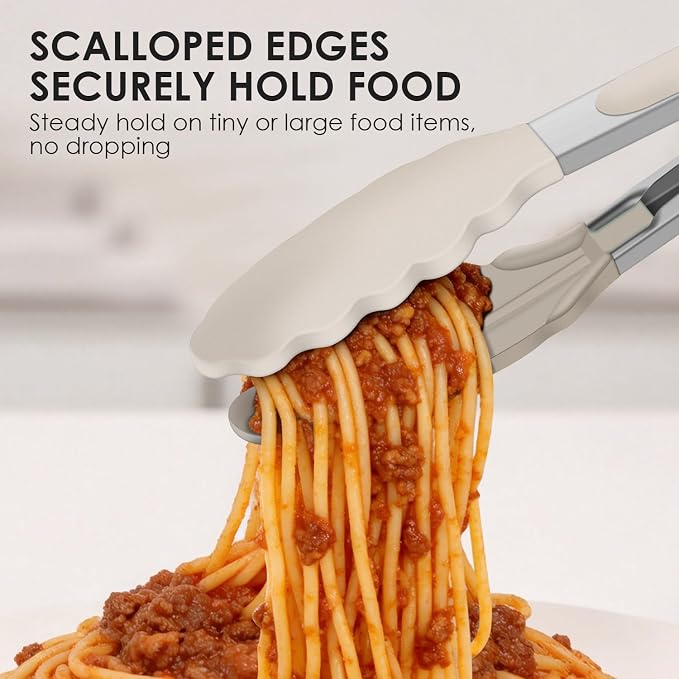 HOTEC Silicone Kitchen Tongs Set of 2-9" and 12" Locking Stainless Steel Cooking Tongs with Silicon Tips Non-Scratch Heat Resistant 600°F for BBQ, Grill, Air Fryer & Serving, Khaki
