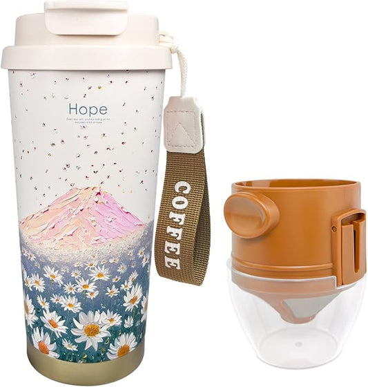 17oz Camping Coffee Makers with Ceramic Coating,Camp Pour Over Coffee Maker Set,Double Wall Vacuum Leak-Proof Mug for Office School Party Camping,Tea Infuser Mug for Loose Leaf Tea (17oz Blue Hope)