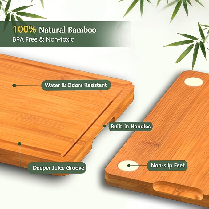 Cutting Boards for Kitchen, Bamboo Cutting Board Set of 3 with Storage Stand, Carbonized Chopping Boards with Deep Juice Grooves and Handles for Meat, Bread, Dough Kneading and Food Prep