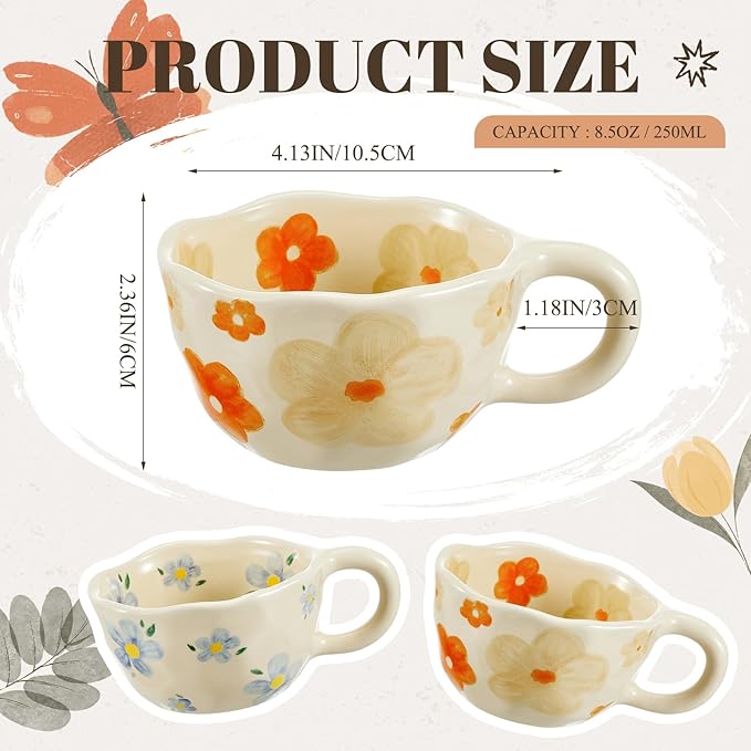 Vesici 2 Pcs Ceramic Coffee Mugs with Spoon, Vintage Floral Spring Mugs with Handle, 8.5 oz Aesthetic Flower Porcelain Tea Cup Set, Dishwasher & Microwave Safe Mothers Day Gifts for Mom(Vivid)