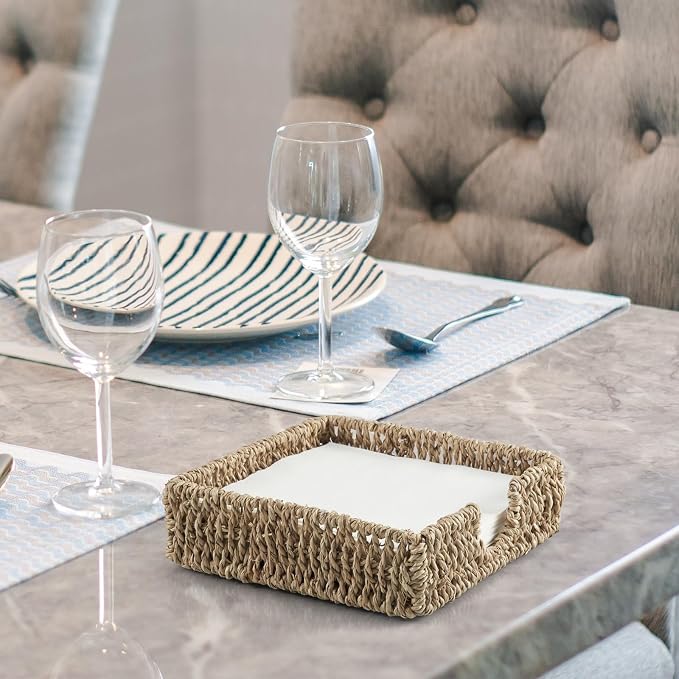 Napkin Holder for Table, Woven Seagrass Napkin Holders For Paper Napkins, Wicker Napkin Holders for Kitchen Dinner Table Boho Decor and Accessories, Square Napkin Basket and Serving Tray