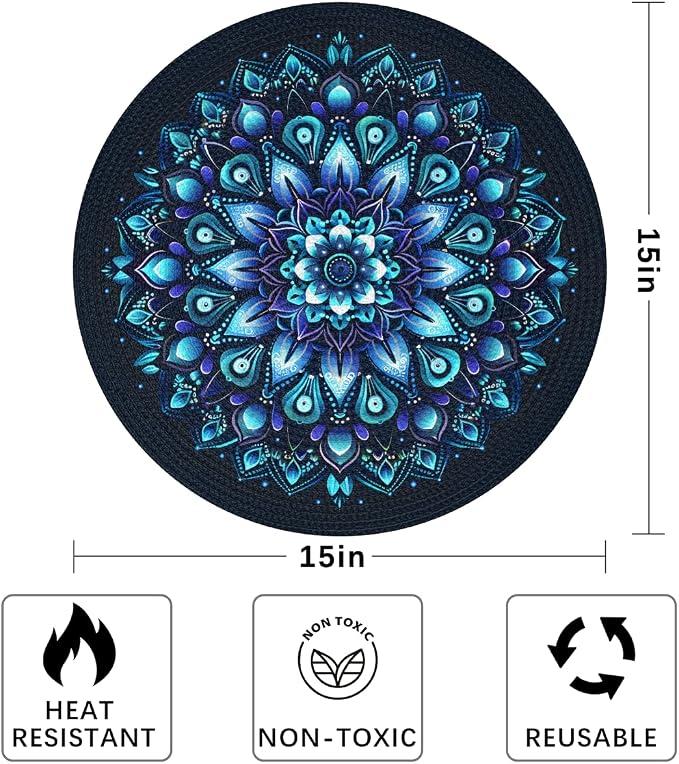 Round Placemats Set of 6, Ethnic Mandala Flower Teal Woven Placemats Mats Non-Slip Heat Resistant Washable Table Mats Round Braided Place for Farmhouse Kitchen Dining Party Decor 15in