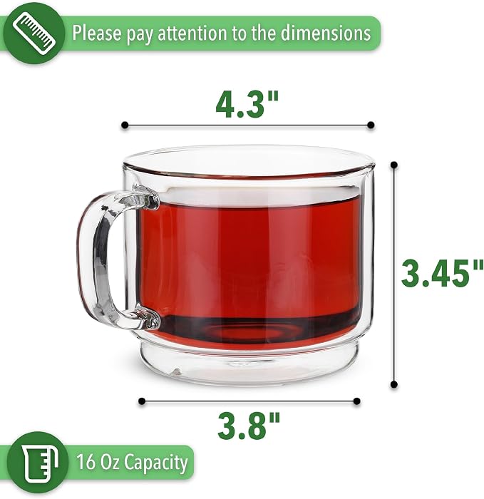 BTaT- Double Walled Stackable Glass Coffee Mugs, 16 oz, Set of 4, Glass Coffee Cups with Handle, Insulated Clear Coffee Mug for Hot and Cold Beverages, Cappuccino, Latte, Tea, Americano