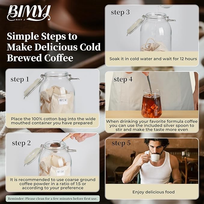 Reusable Cold Brew Bags & Cold Brew Coffee Bags Reusable | 12.8 * 12.8 Inch Large 100% Natural Organic Cotton Cold Brew Filter Bags 2-Pack + 2 Bonus 304 Silver Spoons