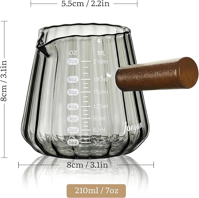 Joeyan 7 oz Espresso Cups, Glass Measuring Cup, Espresso Shot Cup with Spout and Wood Handle, Gray Espresso Shot Glass, Ribbed Milk Frothing Pitcher, Espresso Machine Coffee Bar Accessories