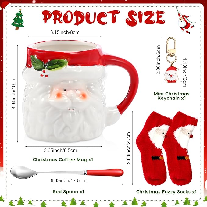 Sliner 4 Pcs Santa Mug Gifts Set Include Christmas Coffee Mugs 17 oz with Red Spoons Funny Winter Fuzzy Socks Mini Santa Claus Keychains Hot Chocolate Cup for Women Men Xmas Holiday Birthday Gifts